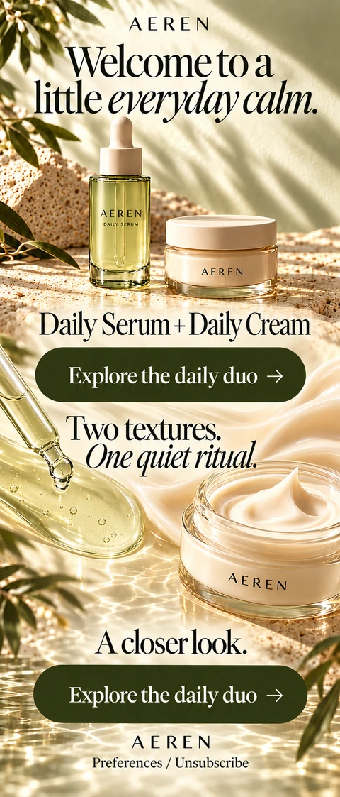 Aeren skincare email with sage packaging, editorial type and a welcome ritual