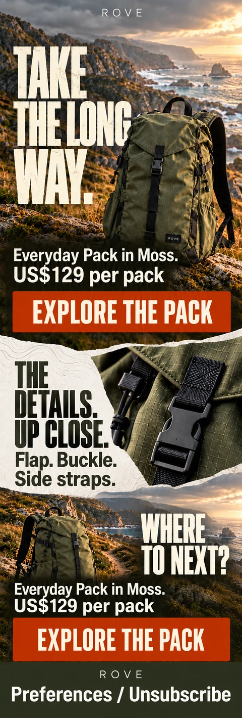 Rove outdoor launch email with coastal backpack photography and bold typography
